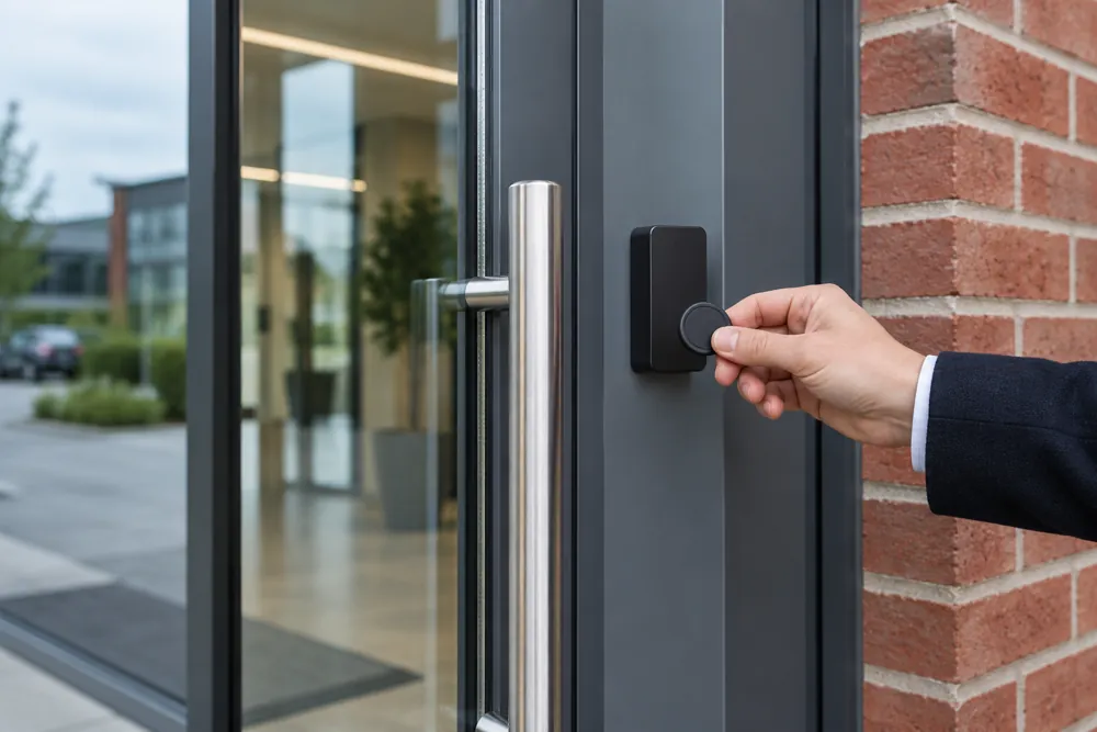 Fob reader at a glazed office entrance, illustrating controlled staff entry in Nottingham